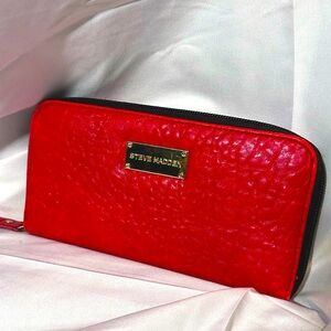 Steve Madden Red Faux Leather Zip Around Wallet Clutch